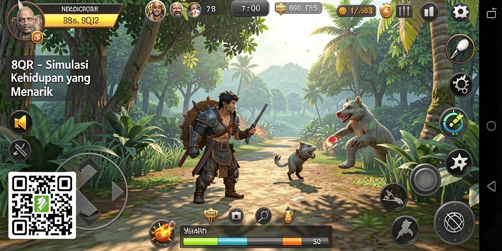 Screenshot gameplay 8QR menunjukkan karakter dalam aktivitas sehari-hari.